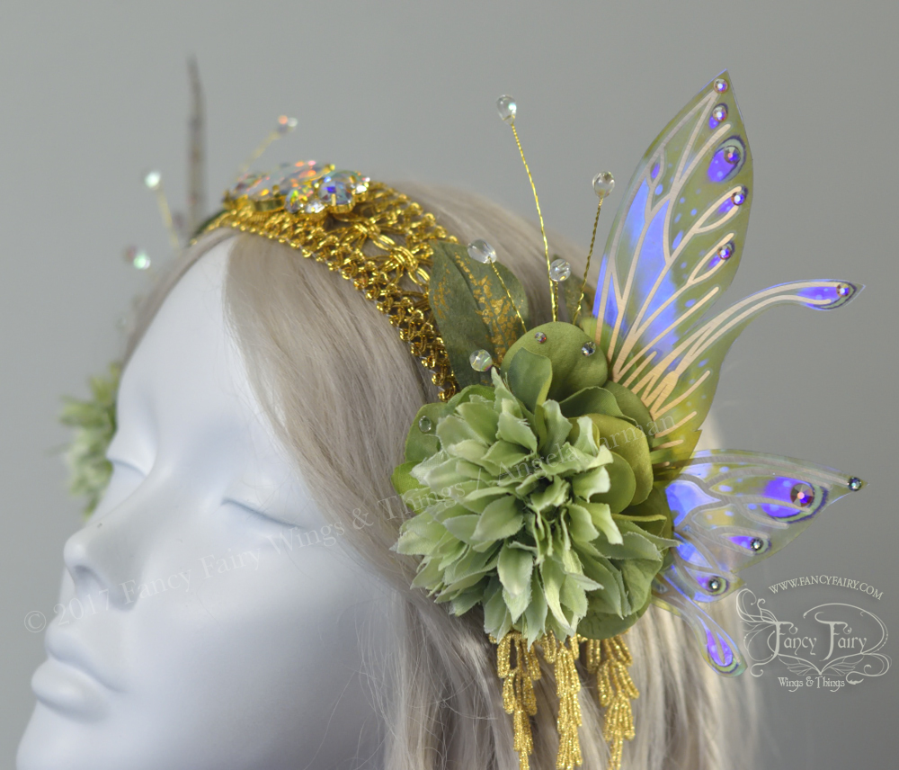 Pale Green & Gold Lace Fairy Flower Headdress with Salome wings