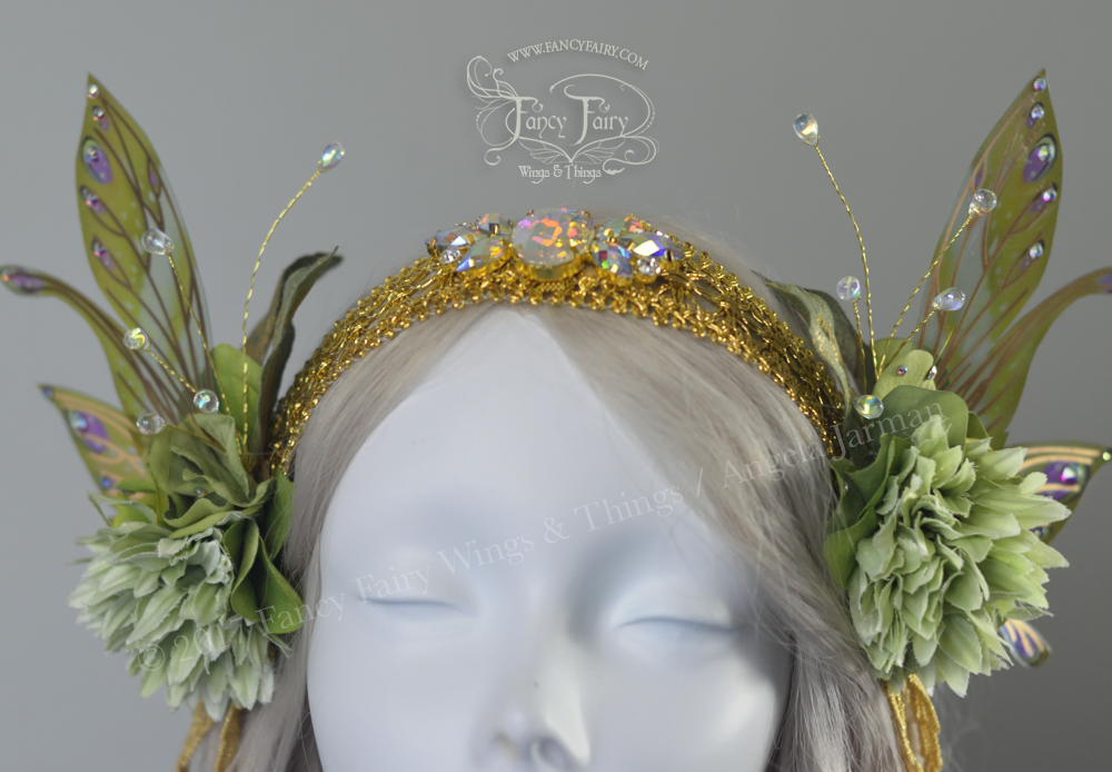 Pale Green & Gold Lace Fairy Flower Headdress with Salome wings