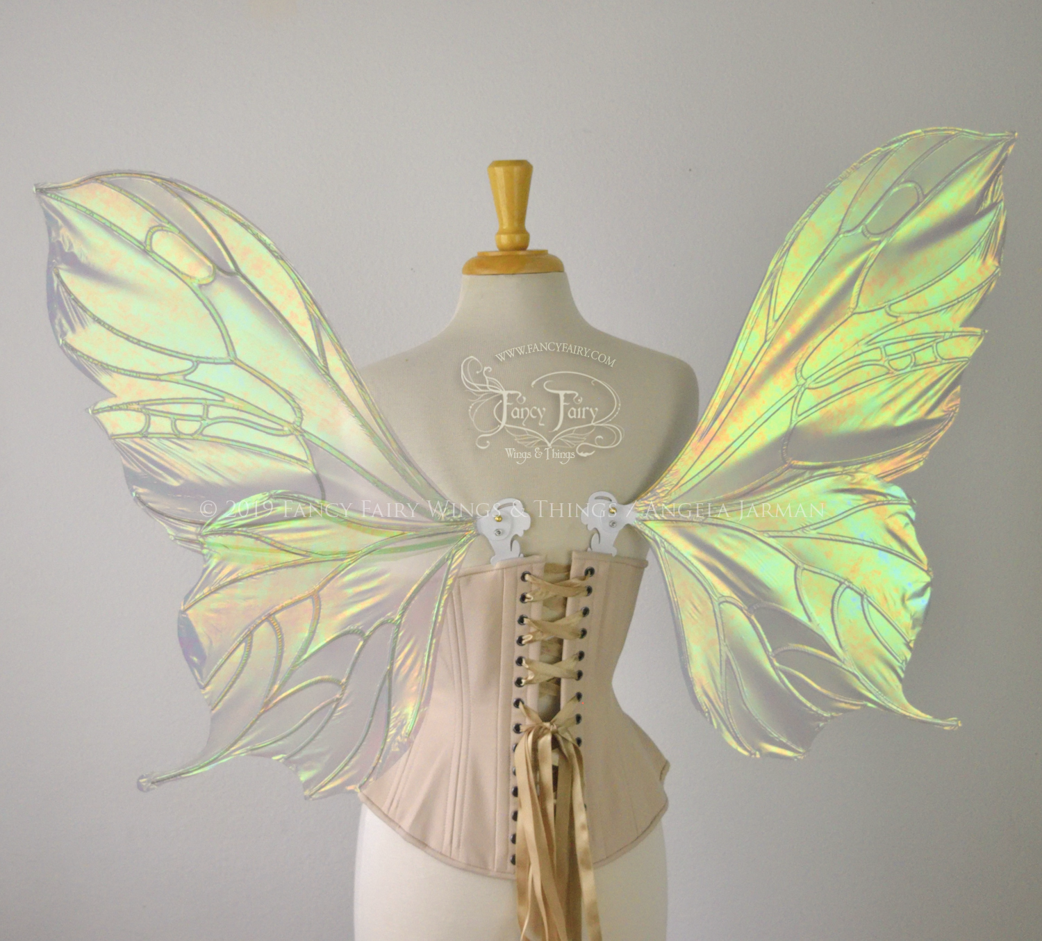 Back view of an ivory dress form wearing an alabaster underbust corset & large iridescent fairy wings with a sort of butterfly shape. The veins are white