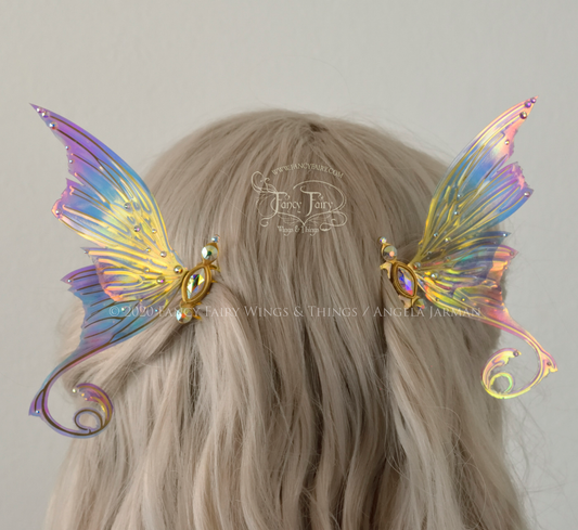 Aphrodite 3 and 1/2 inch Pastel Rainbow Fairy Wing Hair Combs with Brass Veins