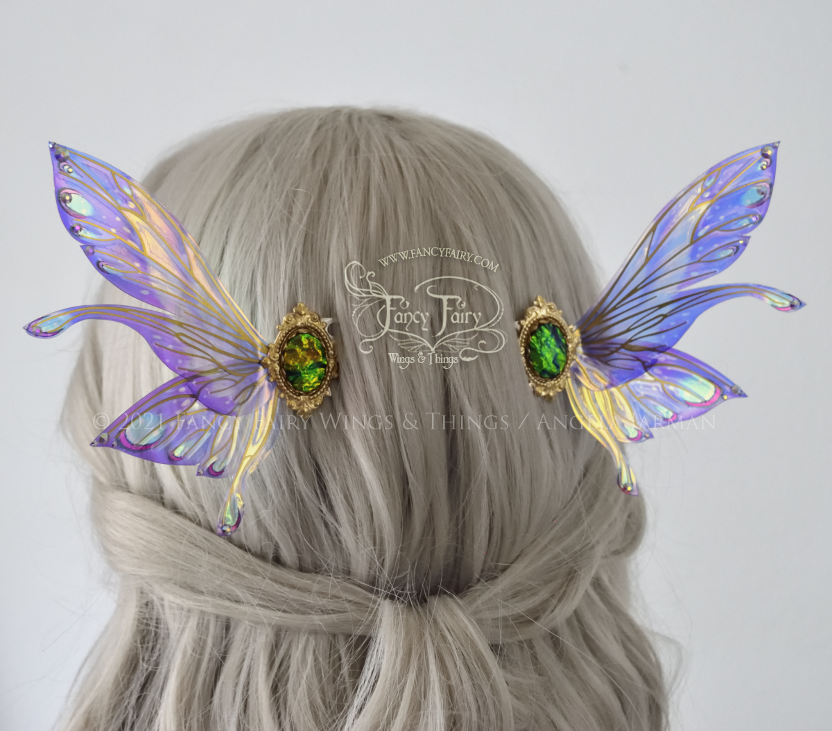 Salome 3 and 3/4 inch Amethyst Fairy Wing Hair Combs with Brass Veins