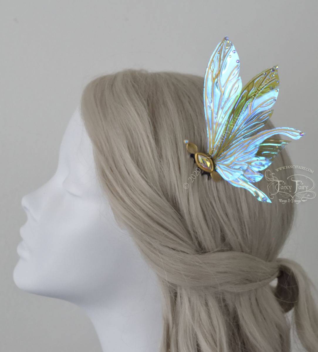 Salome 3 and 3/4 inch Aquamarine Fairy Wing Hair Combs with Silver Veins