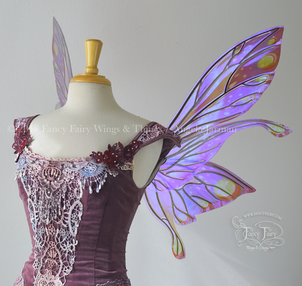 Salome Painted Iridescent Fairy Wings in Purple, Fucshia and Lime with Black Veins