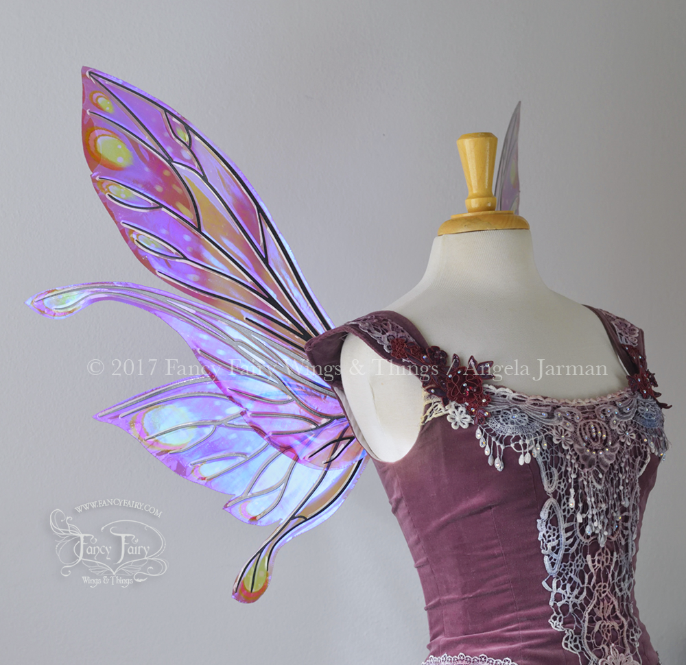 Salome Painted Iridescent Fairy Wings in Purple, Fucshia and Lime with Black Veins