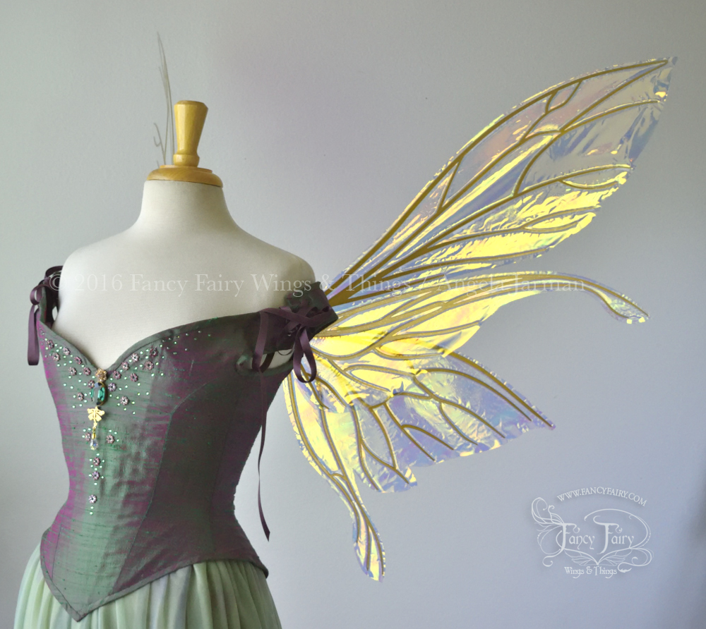 Extra Large / Giant Salome Iridescent Fairy Wings in Clear Diamond Fire with Gold Veins