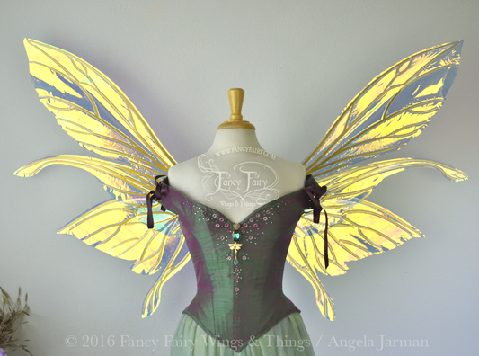 Extra Large / Giant Salome Iridescent Fairy Wings in Clear Diamond Fire with Gold Veins