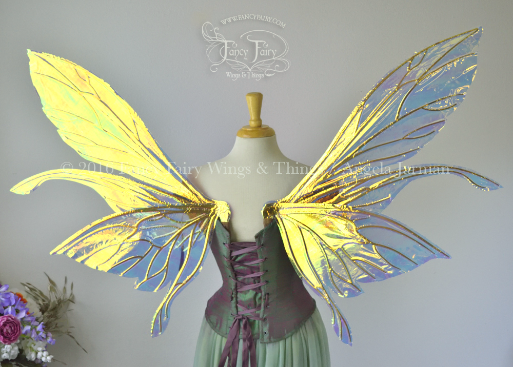 Extra Large / Giant Salome Iridescent Fairy Wings in Clear Diamond Fire with Gold Veins