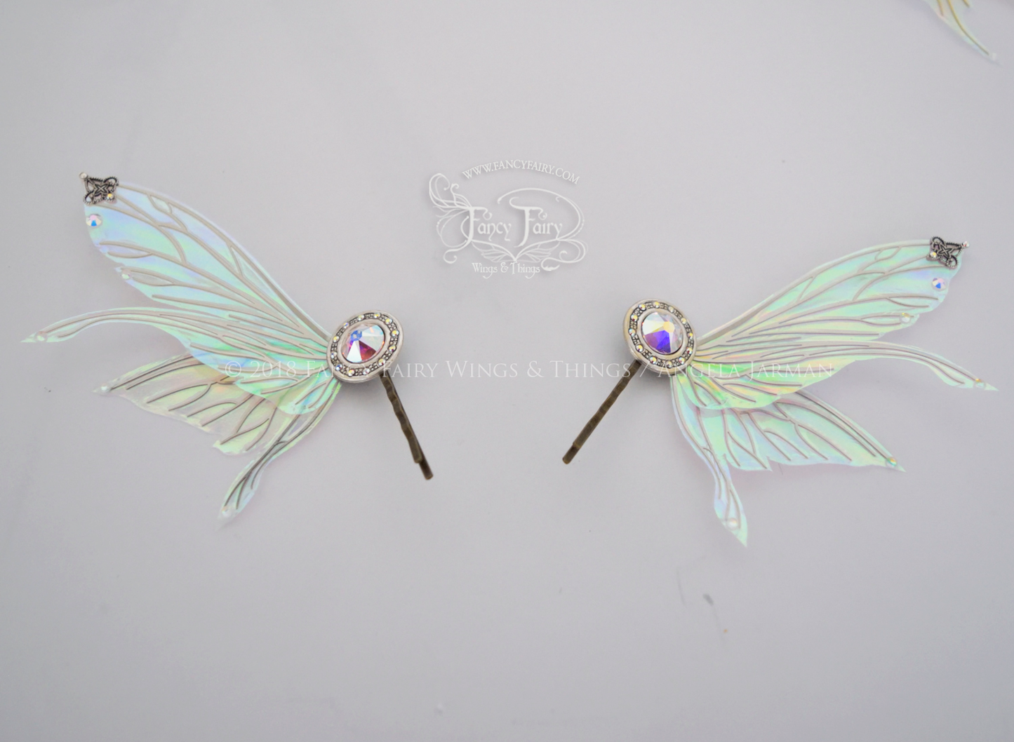 Salome 3 and 3/4 inch Fairy Winged Hair Pins in Satin White with Silver Veins