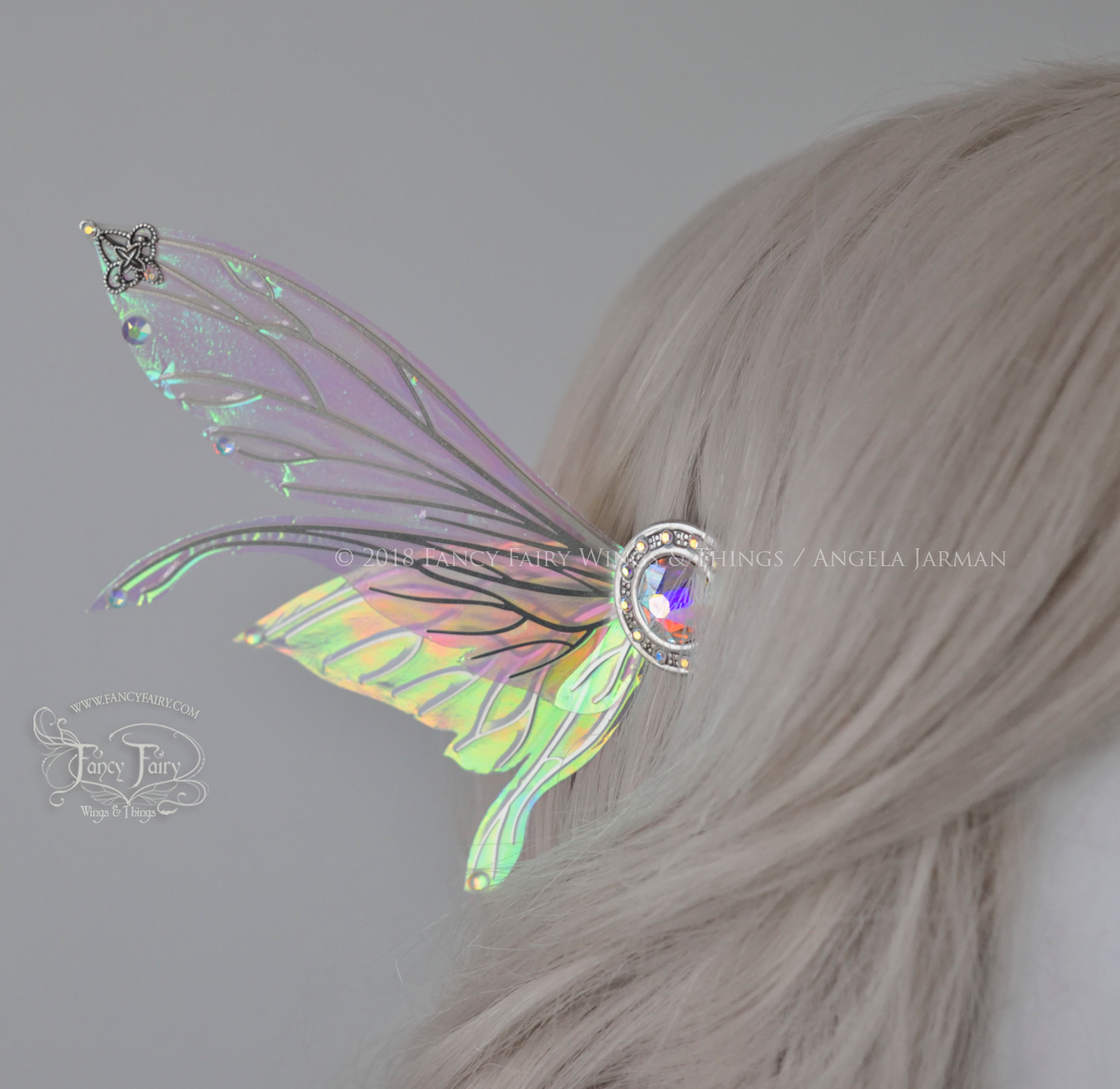 Salome 3 and 3/4 inch Fairy Winged Hair Pins in Satin White with Silver Veins