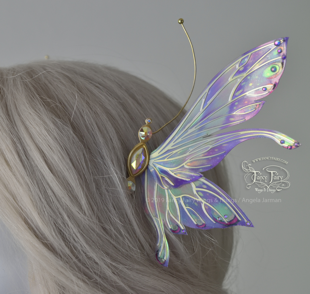 Salome 3 and 3/4 inch Fairy Winged Hair Pins in Lavender Spring with Brass Veins