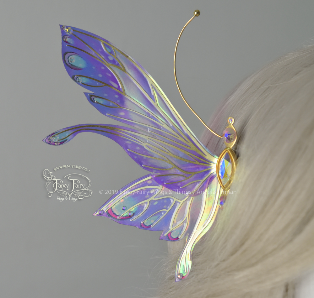 Salome 3 and 3/4 inch Fairy Winged Hair Pins in Lavender Spring with Brass Veins