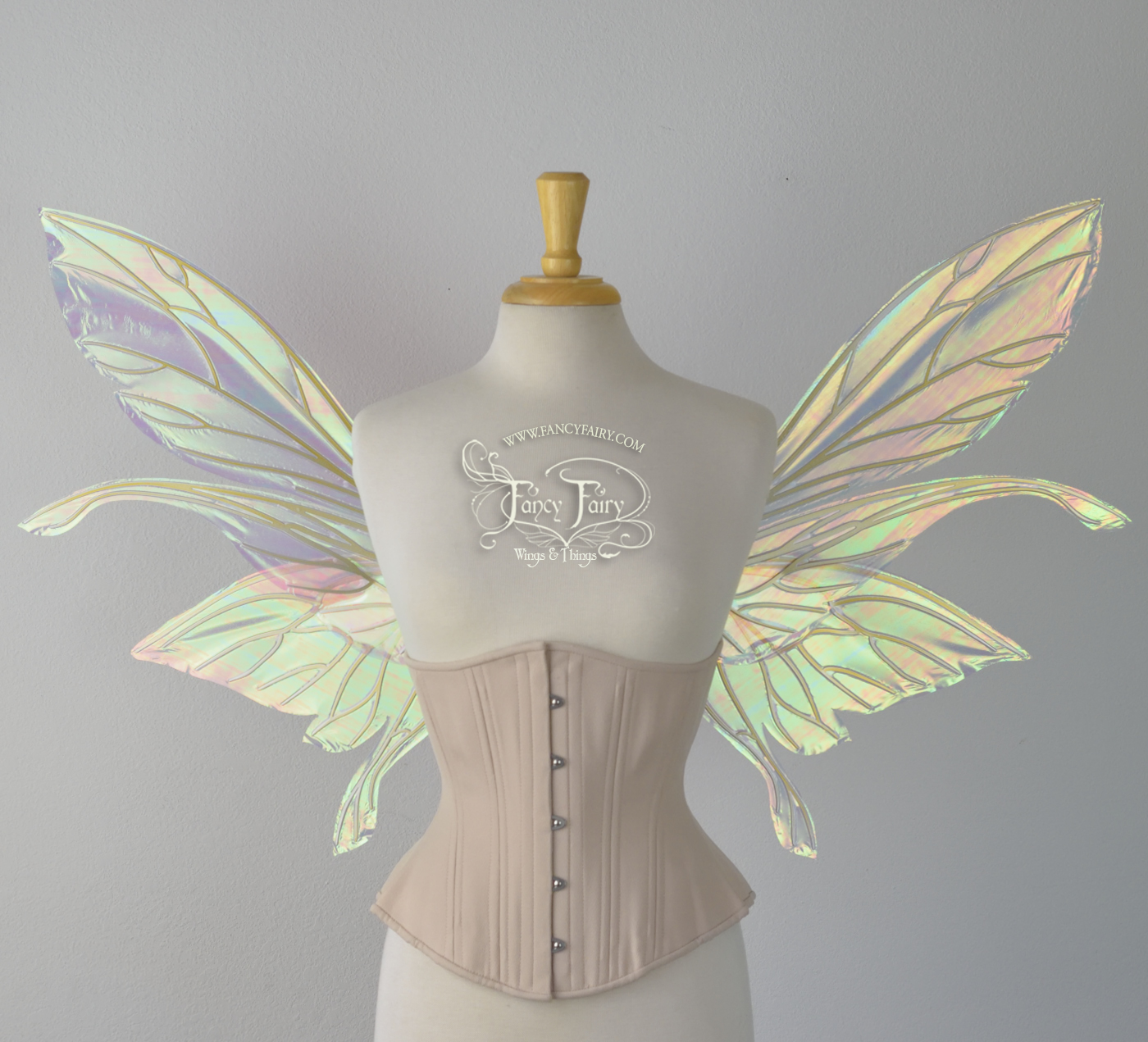 Salome Iridescent Fairy Wings in White Satin with Candy Coat Gold Veins