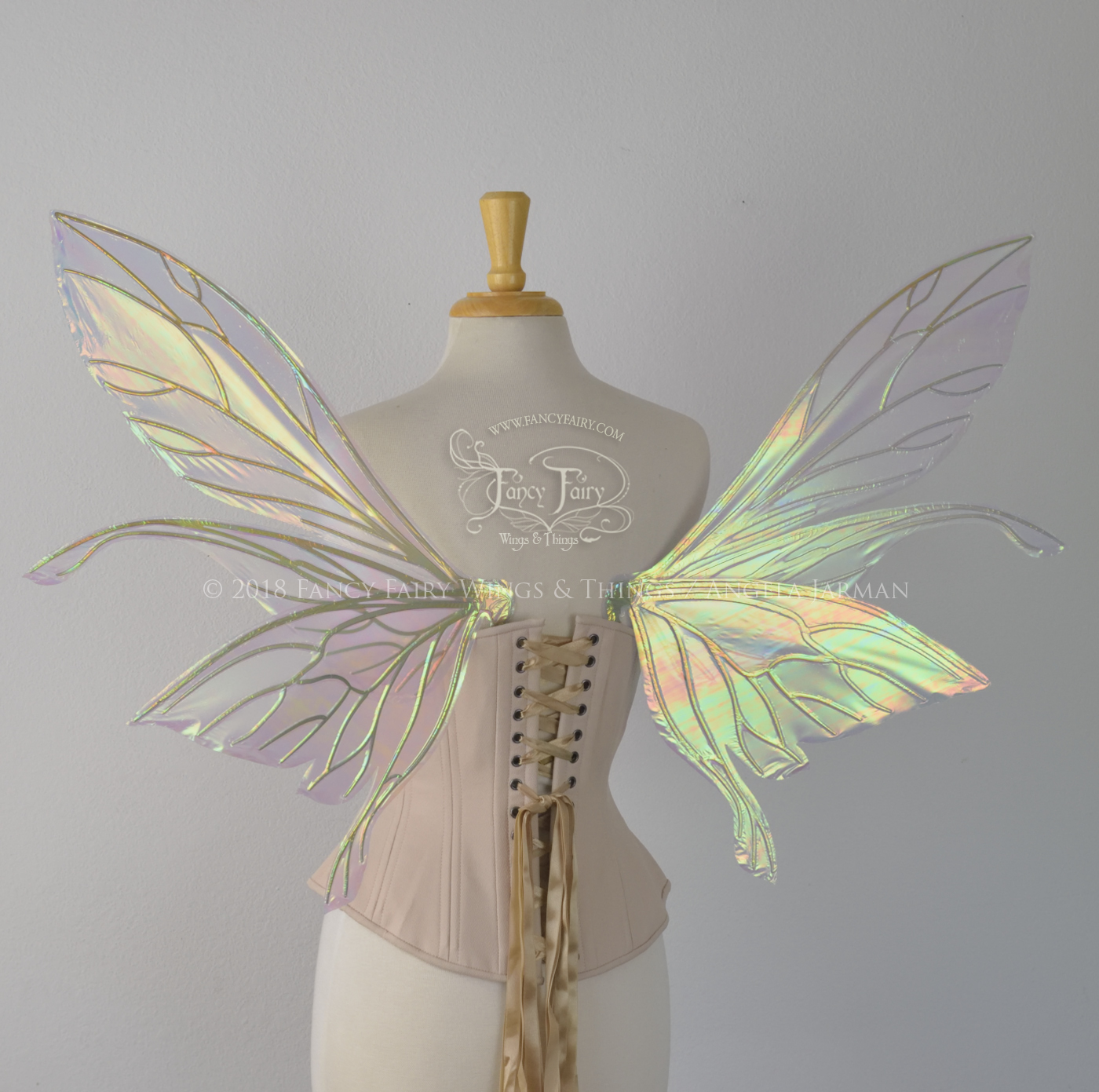 Salome Iridescent Fairy Wings in White Satin with Candy Coat Gold Veins