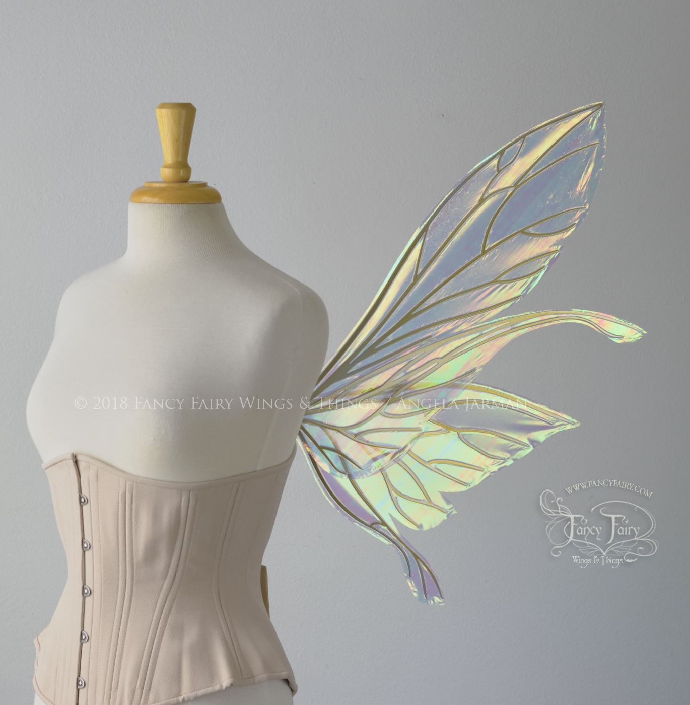 Salome Iridescent Fairy Wings in White Satin with Candy Coat Gold Veins