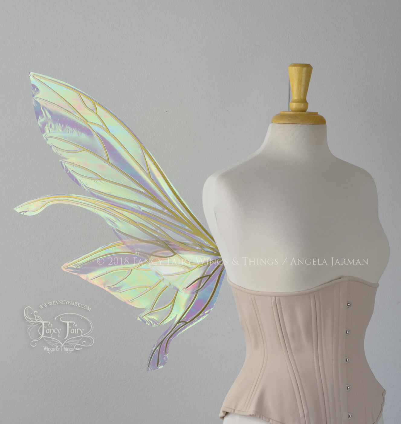 Salome Iridescent Fairy Wings in White Satin with Candy Coat Gold Veins