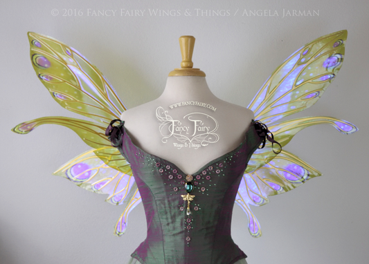 Salome Painted Iridescent Fairy Wings in Green and Purple with Gold Veins