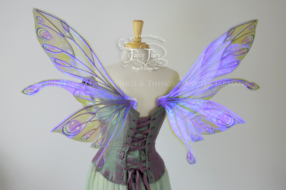 Salome Painted Iridescent Fairy Wings in Green and Purple with Gold Veins