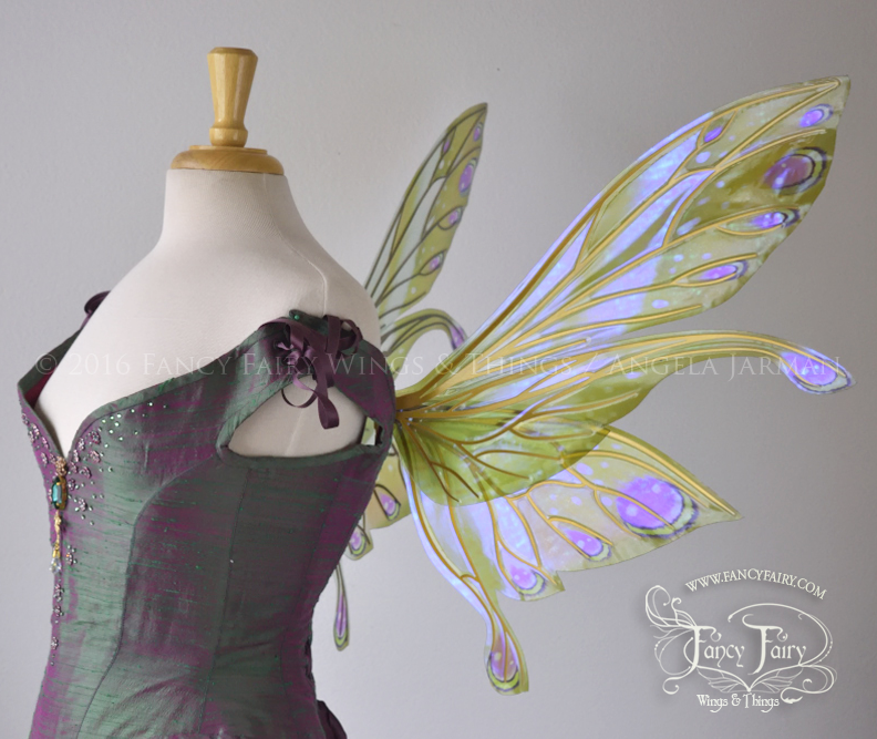 Salome Painted Iridescent Fairy Wings in Green and Purple with Gold Veins