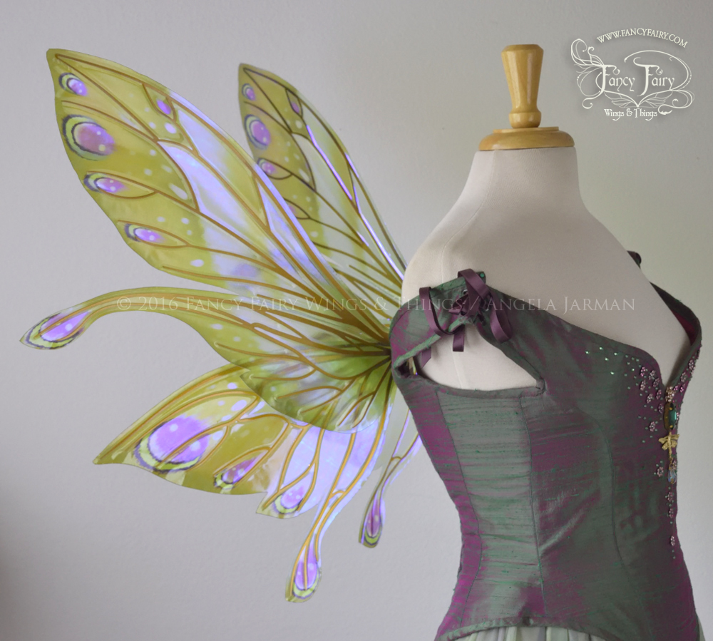 Salome Painted Iridescent Fairy Wings in Green and Purple with Gold Veins