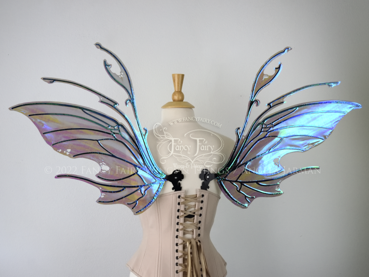 Scythe Iridescent Fairy Wings in Dark Crystal with Black Veins, Ready to Ship