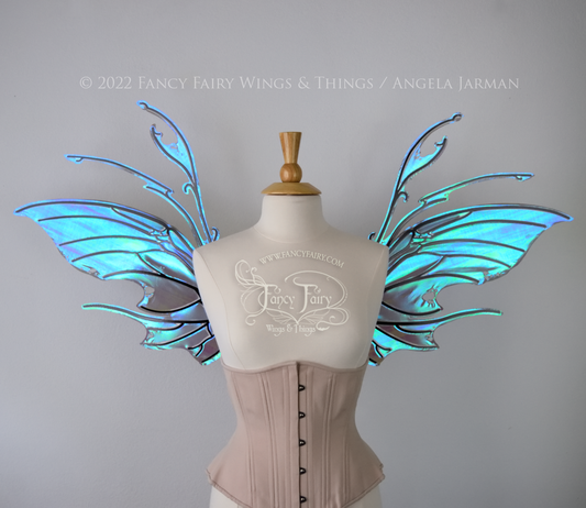 Scythe Iridescent Fairy Wings in Dark Crystal with Black Veins, Ready to Ship