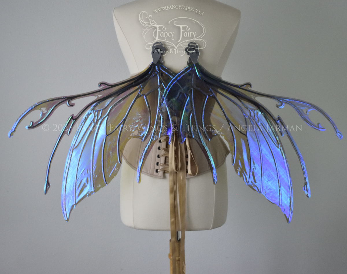 Scythe Iridescent Fairy Wings in Dark Crystal with silver Veins, Ready to Ship