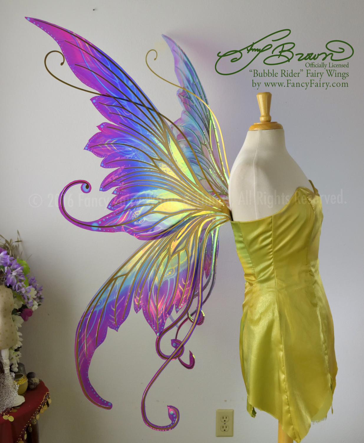 Giant Amy Brown Bubble Rider Iridescent Fairy Wings Painted in Acid Rainbow style with Gold veins