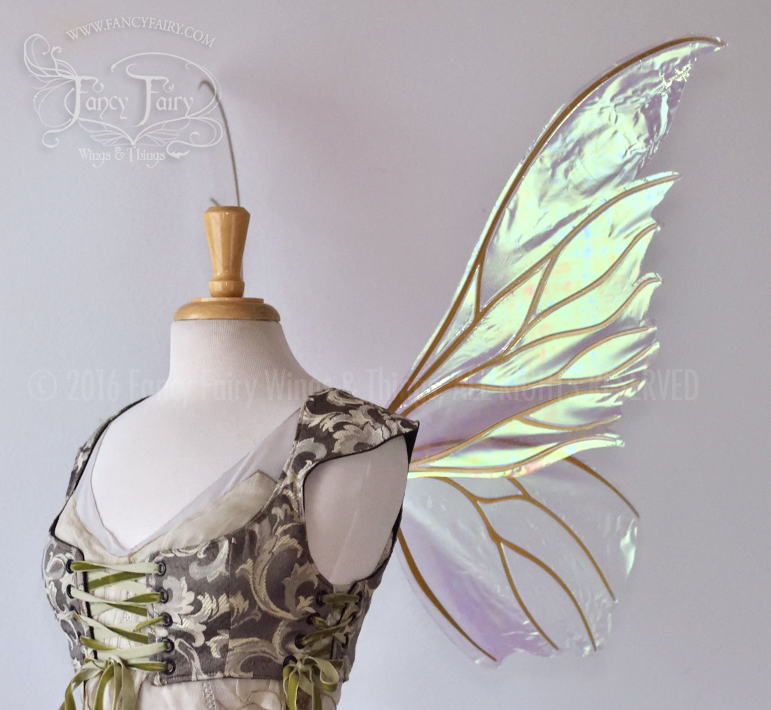 Clarion Iridescent Fairy Wings in Satin White with Gold veins