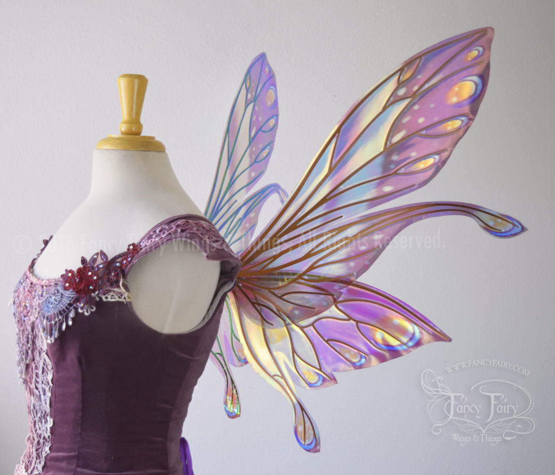 Salome Painted Iridescent Fairy Wings in Burgundy and Sunset with Copper Veins