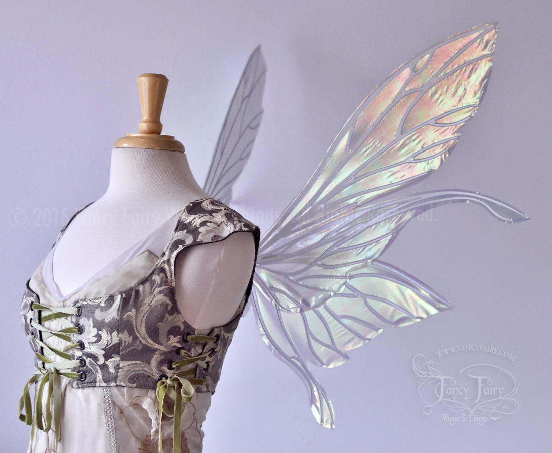 Salome Iridescent Fairy Wings in Patina Green with Pearl Veins