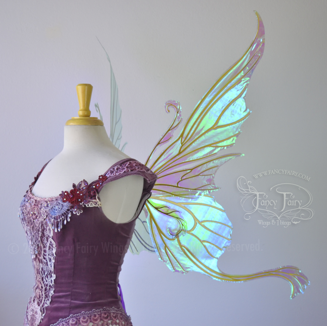 Serena Layered Iridescent Fairy Wings in Light Green with Gold veins