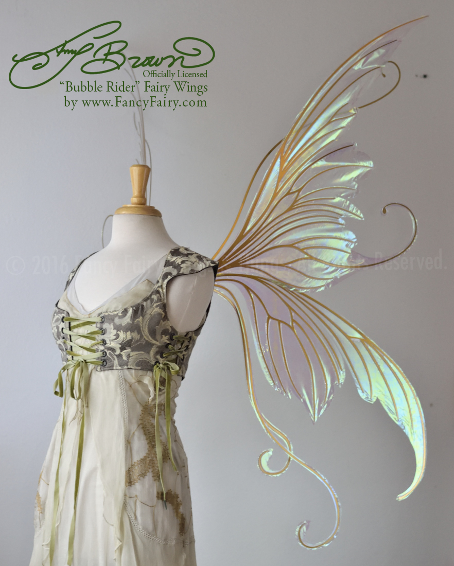 Giant Amy Brown Bubble Rider Iridescent Fairy Wings in Satin White Iridescent with Gold veins