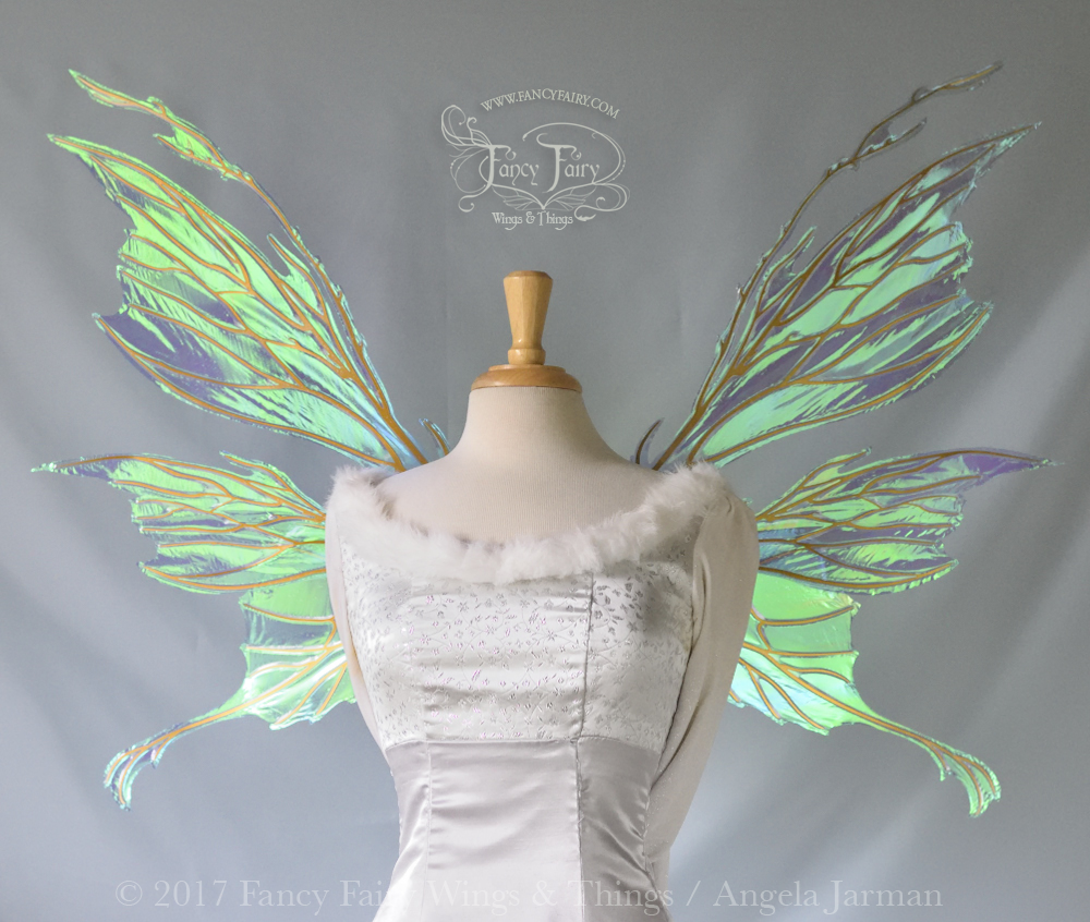 Thistle / Morgana Hybrid Iridescent Fairy Wings in Aquamarine and Gold Veins