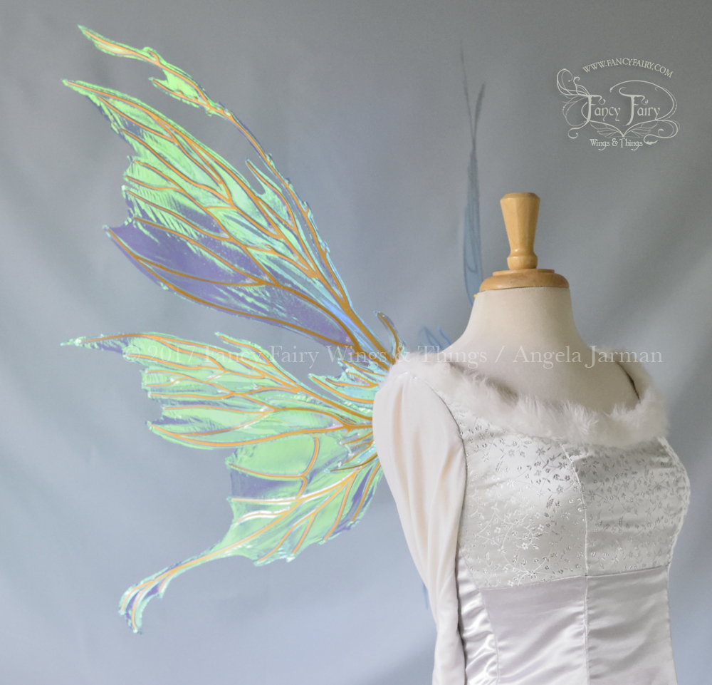 Thistle / Morgana Hybrid Iridescent Fairy Wings in Aquamarine and Gold Veins