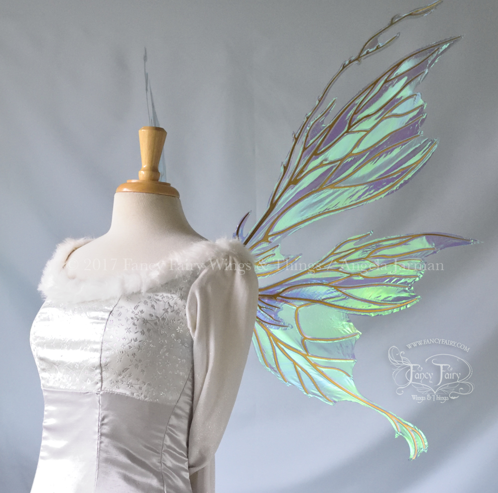 Thistle / Morgana Hybrid Iridescent Fairy Wings in Aquamarine and Gold Veins