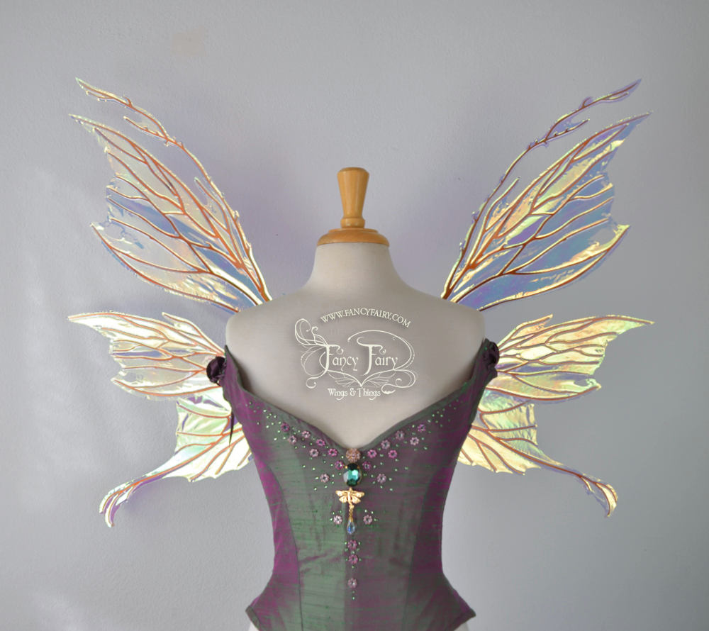 Thistle / Morgana Hybrid Iridescent Fairy Wings in Clear Diamond Fire with Copper Veins