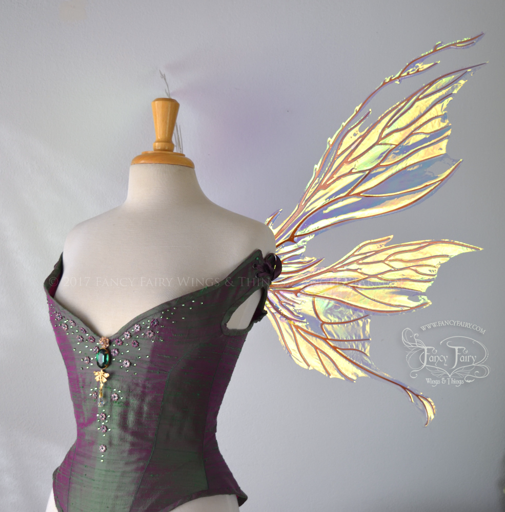 Thistle / Morgana Hybrid Iridescent Fairy Wings in Clear Diamond Fire with Copper Veins