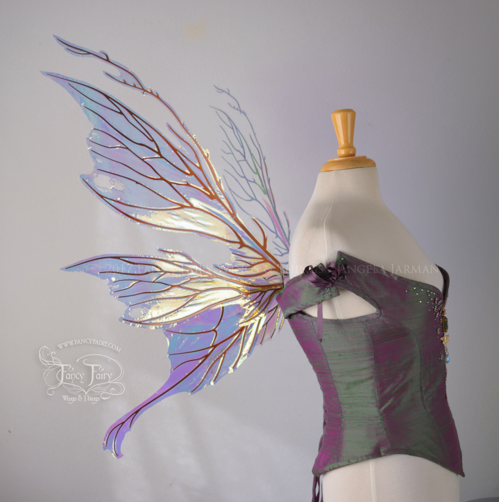 Thistle / Morgana Hybrid Iridescent Fairy Wings in Clear Diamond Fire with Copper Veins