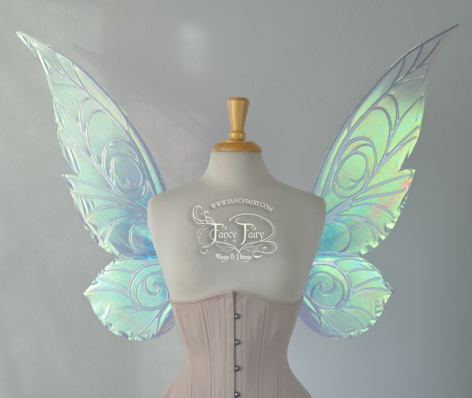 Trinket 26 inch Iridescent Fairy Wings in Blue Tinted Satin White with Chrome veins