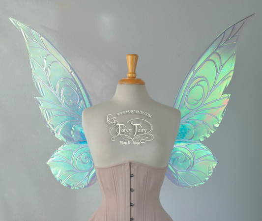 Trinket 26 inch Iridescent Fairy Wings in Blue Tinted Satin White with Chrome veins