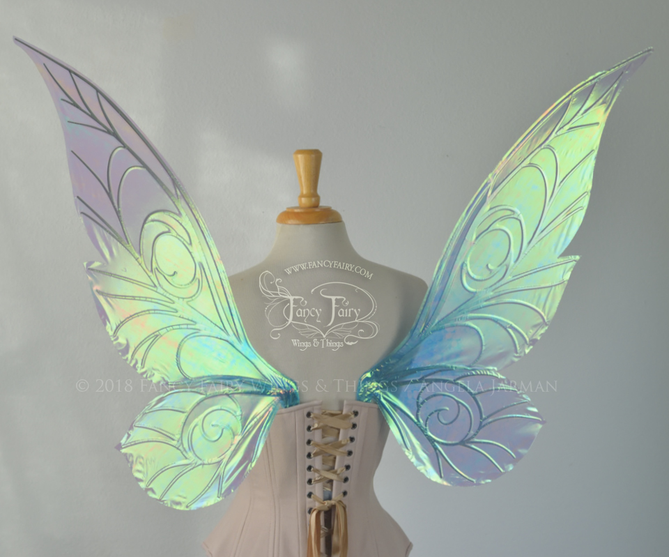 Trinket 26 inch Iridescent Fairy Wings in Blue Tinted Satin White with Chrome veins