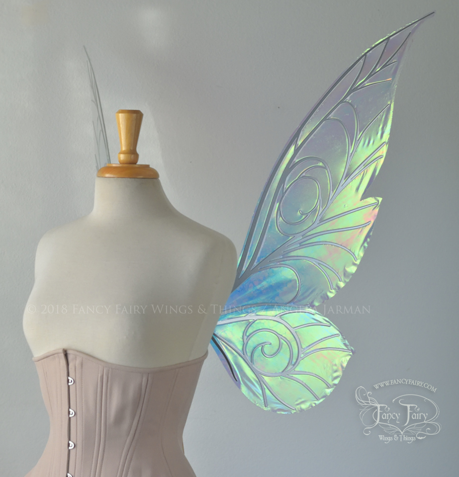 Trinket 26 inch Iridescent Fairy Wings in Blue Tinted Satin White with Chrome veins