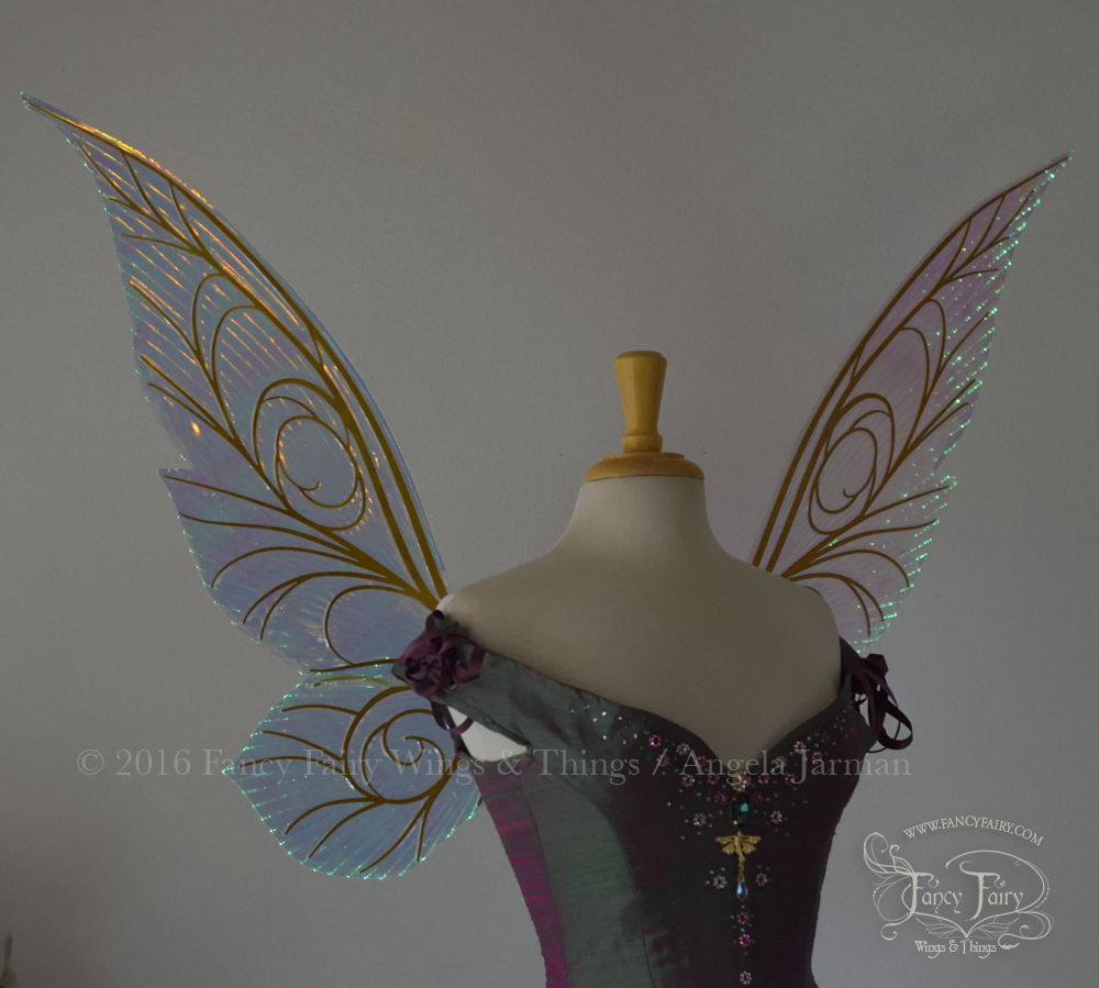 Trinket 26 inch Iridescent Green Light Up Fairy Wings in Clear with Gold Veins