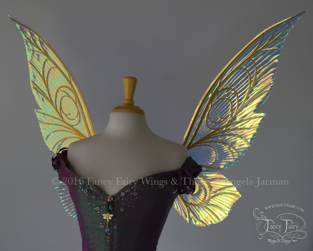 Trinket 26 inch Iridescent Green Light Up Fairy Wings in Clear with Gold Veins