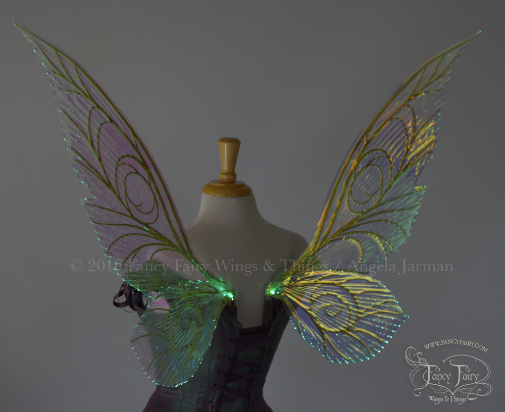 Trinket 26 inch Iridescent Green Light Up Fairy Wings in Clear with Gold Veins