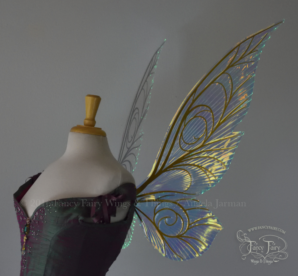 Trinket 26 inch Iridescent Green Light Up Fairy Wings in Clear with Gold Veins