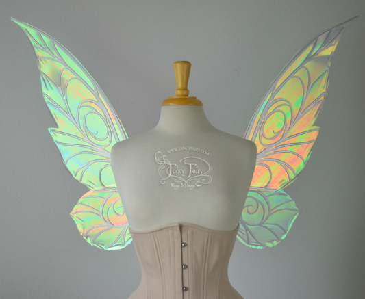 Trinket 26 inch Iridescent Convertible Fairy Wings in Satin White with Silver veins