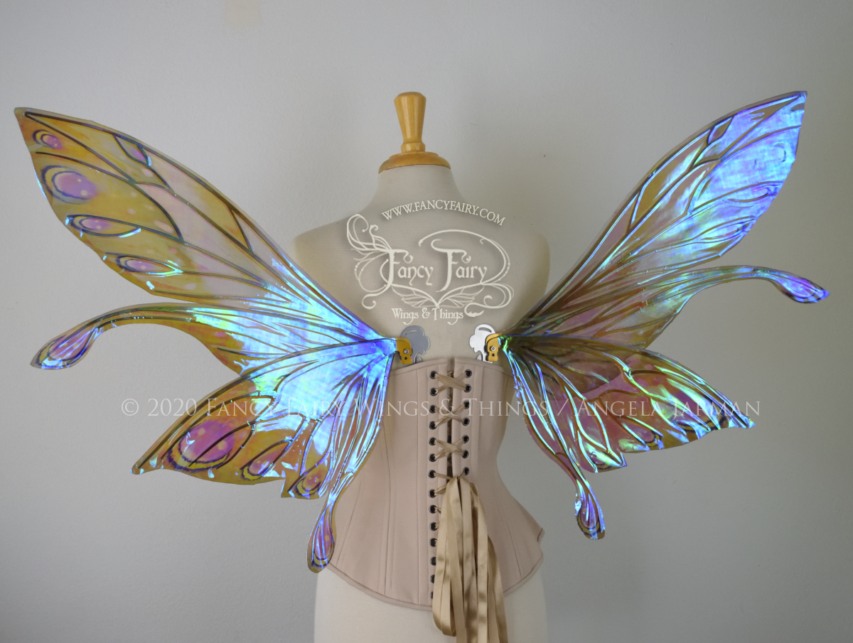 Salome Painted Iridescent Fairy Wings in Green & Purple with Gold Veins *Previously worn