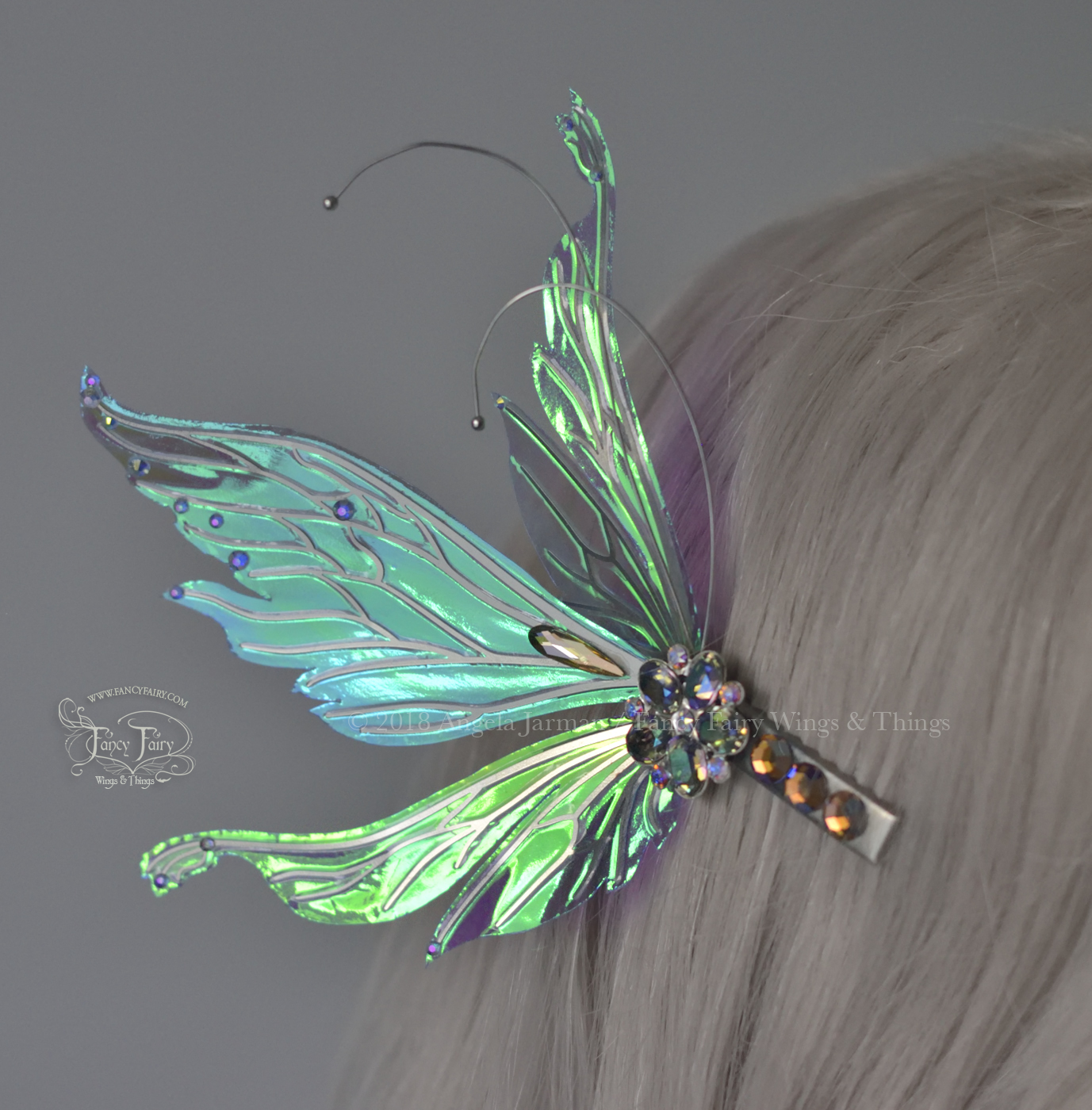 Vivienne 3 and 1/2 inch Fairy Wings Hair Clips in Aquamarine with Silver Veins