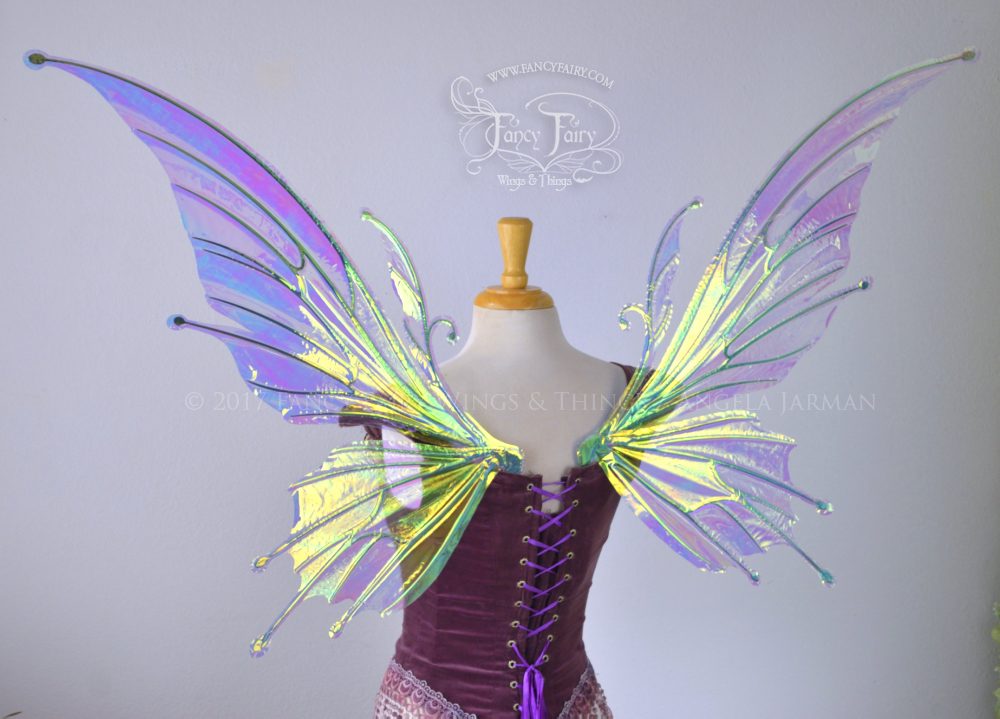 Extra Large / Giant Flora Iridescent Fairy Wings in Clear Diamond Fire with Green Veins